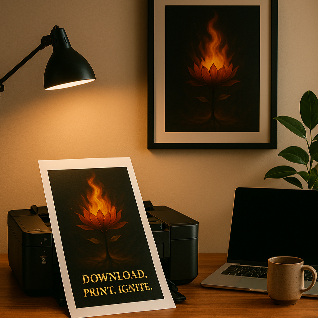 Desk setup with a laptop, mug, and framed poster with flame design and text.