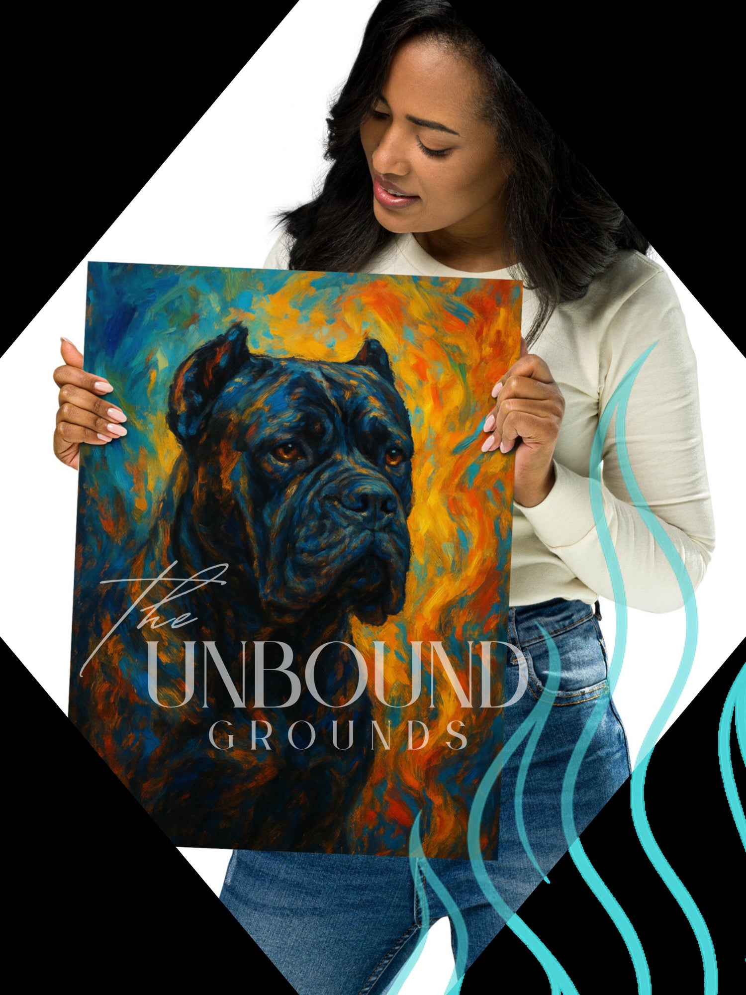 A framed artwork of a burning red bloom on a black background, displayed on a light wood shelf with ‘Flame Frame’ and ‘The Unbound Grounds’ text, showcasing premium wall art.